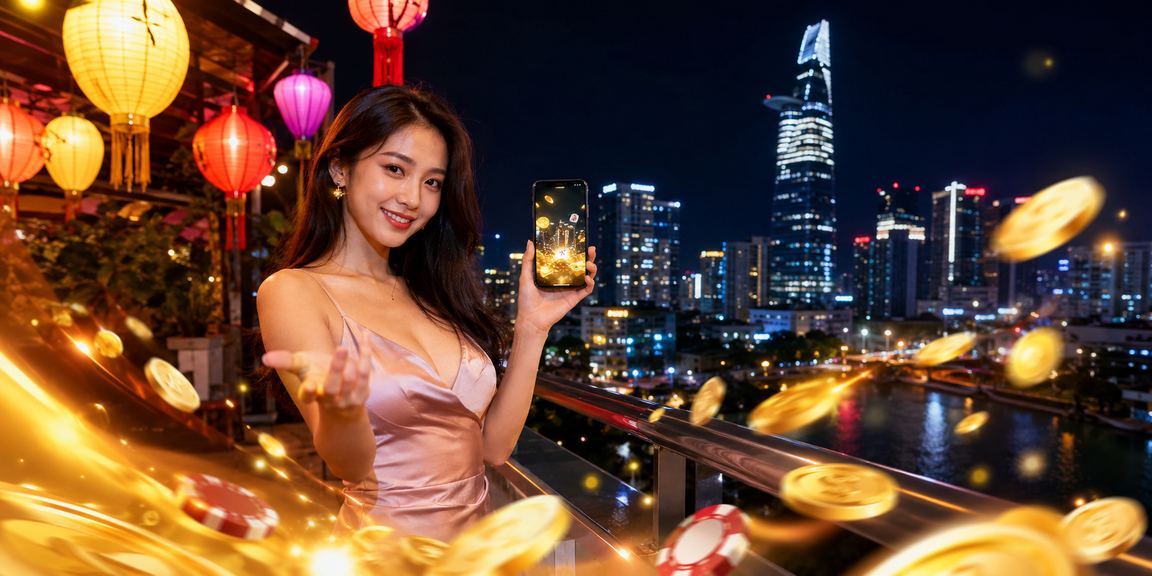 Người chơi tại TP.HCM dưới ánh đèn lồng thưởng thức trò chơi bài trực tuyến vào buổi tối
